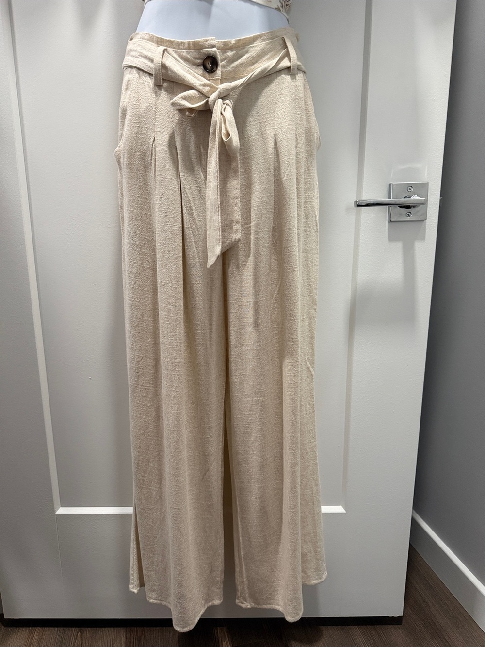 Lulu's Cream High-Waist Tie-Belt Wide-Leg Pants
